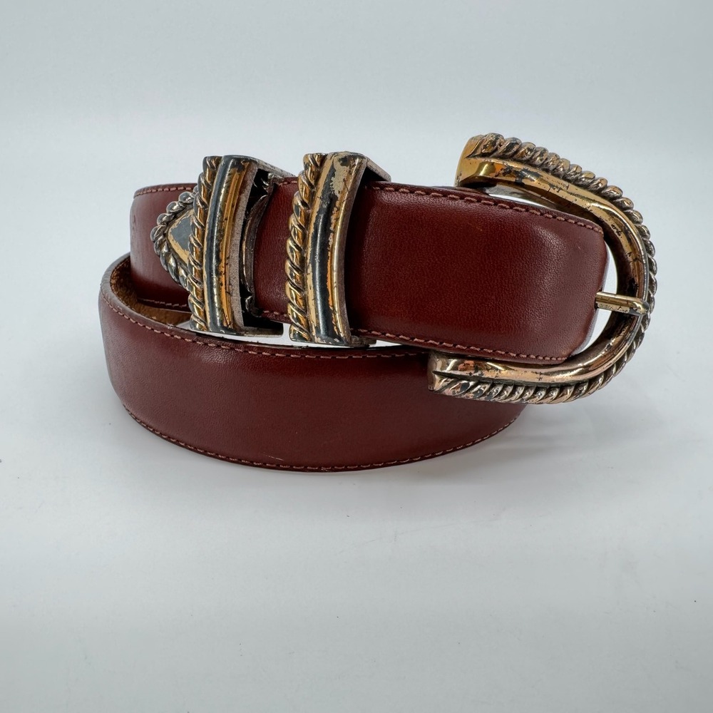 Vtg 90s Brighton Belt Womens S Brown Leather Gold Silver Buckle 1993 Western